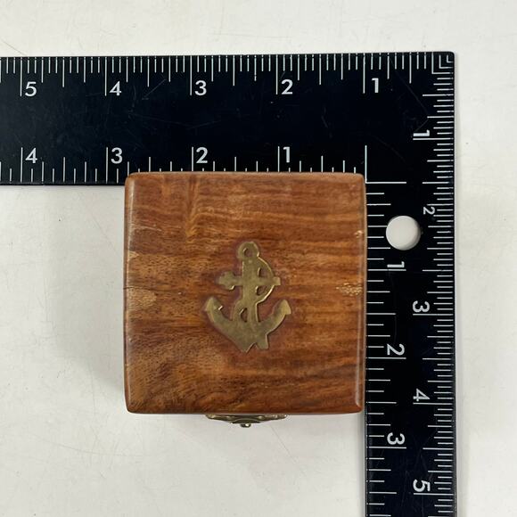 Small Wood Trinket Box with Brass Anchor Inlay Made in India Nautical 2.75" - Picture 9 of 10